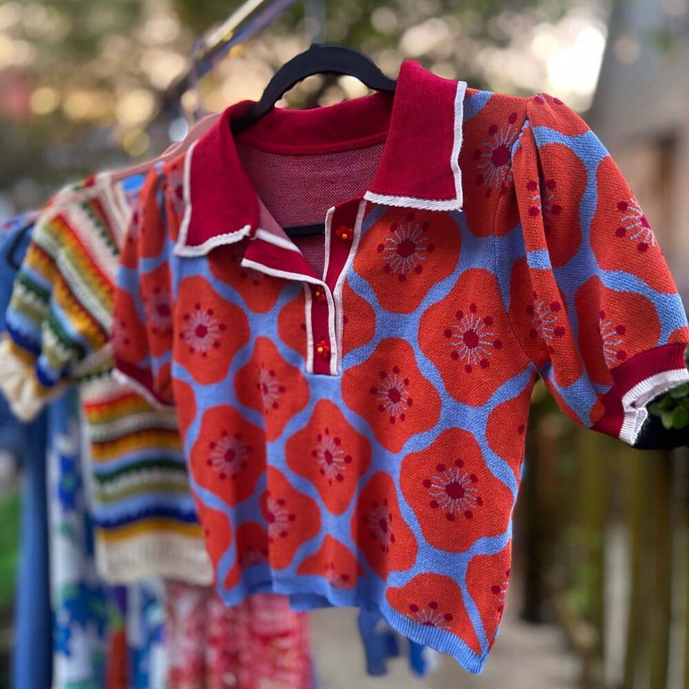Muezz Puff-Sleeve Floral Knit Polo Shirt